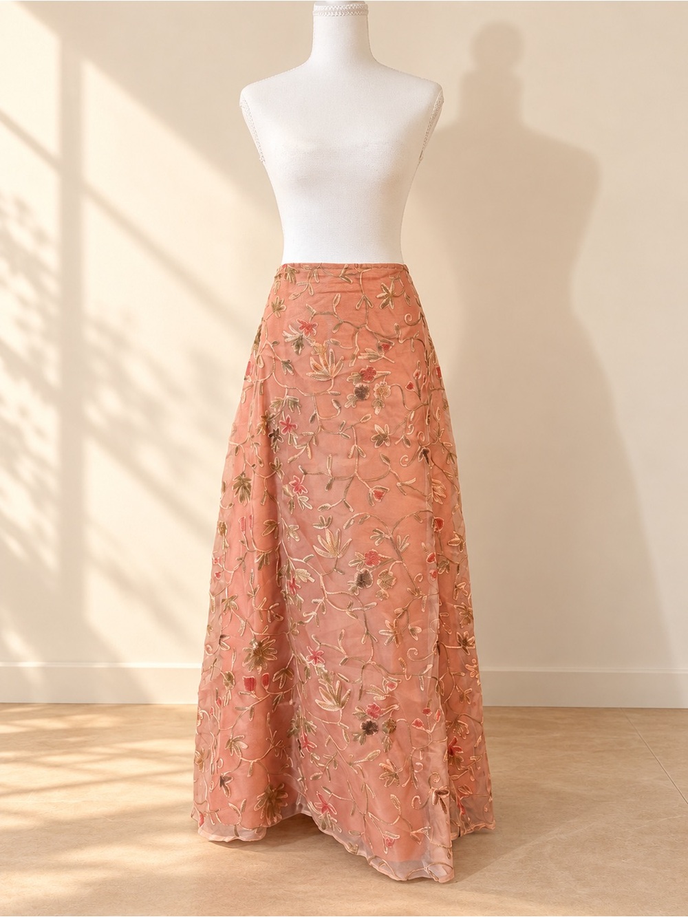 Vintage Handmade Peach Floral Embroidered A-Line Maxi Skirt